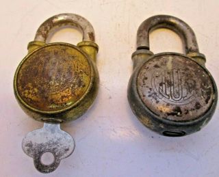 2 Vintage Antique Brass Metal “101” Padlocks Made In Usa Round Lock And Key