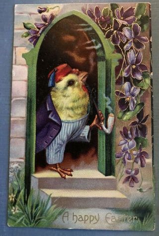 Dressed Yellow Chick In Fez Hat Antique Embossed Easter Fantasy Postcard - C905