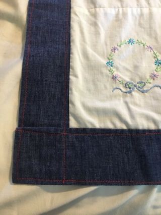 Vintage Hand Made Denim Patch Cross Stitch Lap Crib Quilt Wall Hanging 2