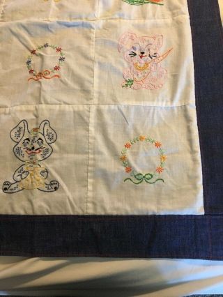 Vintage Hand Made Denim Patch Cross Stitch Lap Crib Quilt Wall Hanging 4