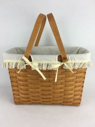 1992 Longaberger Tall Rectangle Basket With Protector & White Lace Liner