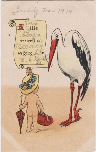 Rare 1914 T P & Co Ny Stork Birth Announcement Postcard - Series No 210 -