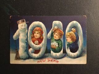 Vintage Postcard,  1908,  Snowman And Children & Snowballs,  Wishing You A Happy Ny