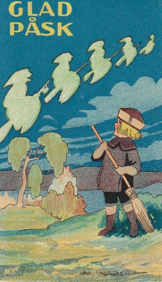 Old Postcard Easter Witch 4 In The Sky Girl With Broom Great Graphics Small Card