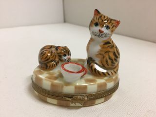 Peint Main Limoges Trinket Box Tabby Cats Limited Edition