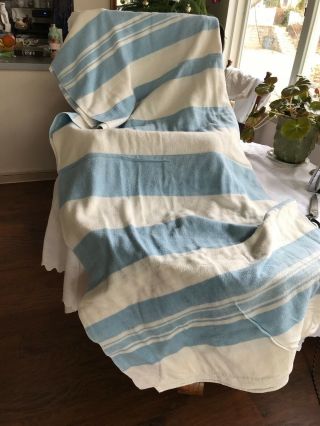 Vintage Cotton Flannel Sheet White / Blue Stripes 66 " X76 " Country Cabin Cottage