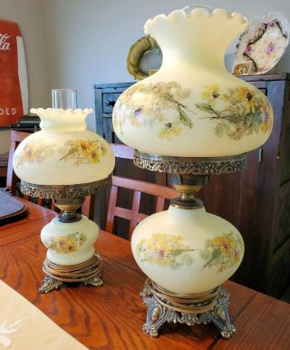 Set Of Two Vintage Yellow Floral Hurricane 3 Way Table Lamps
