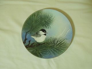 Vintage Norman Brumm Chickadee Bird In Pines Plate Enamel On Copper Signed