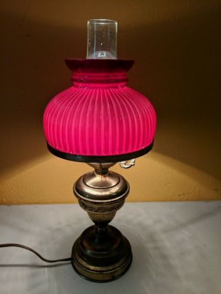 Vintage Small Heavy Brass Student Desk Lamp W/ Red Ribbed Glass Shade