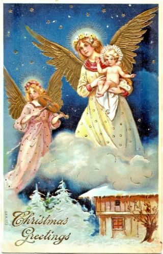 Antique Christmas Postcard Angels Hold Child Violin Gold Emboss German