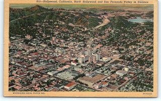 Postcard Ca Hollywood Airview Hollywood & San Fernando Valley Vintage Linen 2