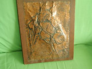Vintage Hammered Copper Picture Of Horse Head Mounted On Wood Signed