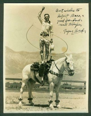 Vintage Trick Rider Texas Bud Autograph Photo Cowboy Stands On Horse,  Wild West