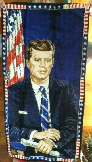 Vtg 1964 Jfk John Kennedy President W/ Document Rug Tapestry Wall Art 19 " X 38 "