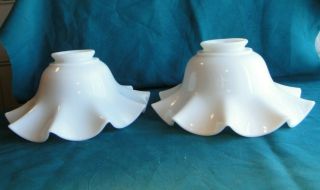 2 Antique Milk Glass Ruffled Edge Crimped Lamp Light Shade Scallop 2 - 1/4 " Fitter