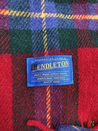 Pendleton Blanket Virgin Wool Fringe Red Green Buffalo Plaid Usa 52 " X 66 "