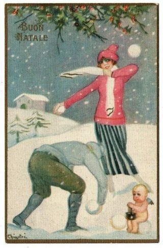 Merry Christmas Buon Natale Snowball Fight Chiostri Artist Signed Postcard