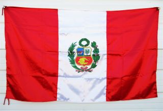 Peruvian Flag 52x33 " Made In Peru Coat Of Arms Large Banner Bandera Peruana Raso