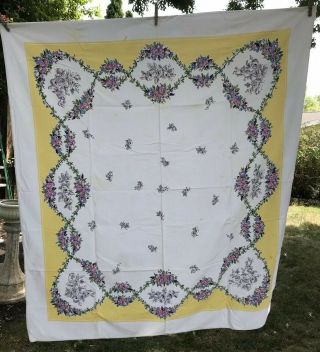 Vtg Tablecloth Cotton Floral Roses Pink Yellow 46 " X 52 " Pretty