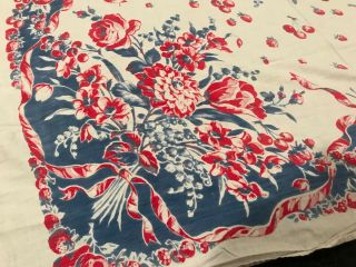 Vintage Mid Century Print Tablecloth Floral Pink Red Cherries 39 " X 38 "