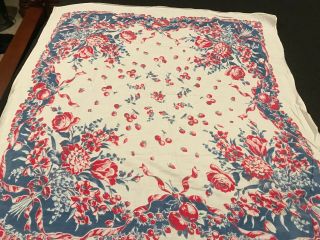 Vintage Mid Century PRINT Tablecloth Floral Pink RED Cherries 39 