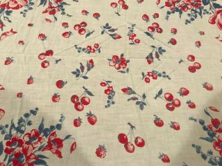 Vintage Mid Century PRINT Tablecloth Floral Pink RED Cherries 39 