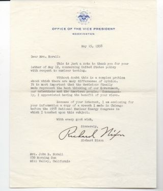 1958 Typewritten Letter Signed By Vice President Nixon Regarding Nuclear Testing