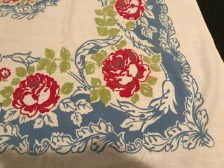 Vintage Mid Century Print Tablecloth Blue Red Green Flowers 61 1/2 " X 52 1/2 "