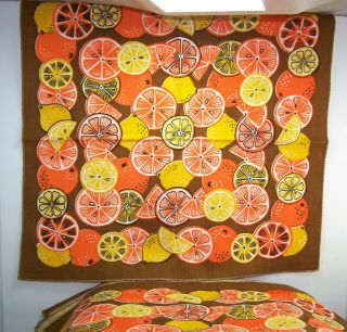 Set Of 6 Vtg Mid Century Modern Citrus Fruit Pattern Cloth Napkins 1960s