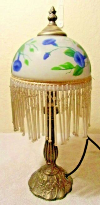 Vintage Art Deco Morning Glories Table Lamp With Frosted Glass With Beaded Shade