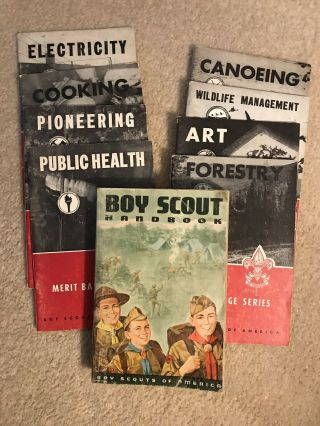 Vintage Boy Scout Handbook Dated 1969 And 8 Merit Badge Books