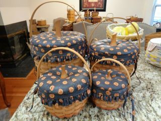 Longaberger 4 Pumpkin Basket Combos With Boo Liners And Fabric Lids