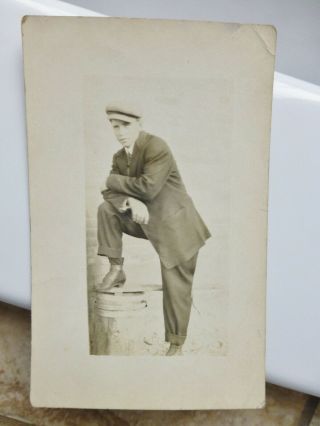 Rppc Sure Of Himself Young Man With Cap Antique Real Photo Postcard