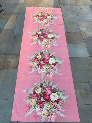 Gorgeous Vintage Pink Floral Bouquets On Barkcloth Era Fabric Shabby Chic