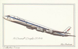 Vintage Illustrated United Airlines Mcdonnell - Douglas Dc - 8 - 61 Airplane Postcard
