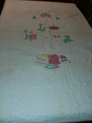 VINTAGE HAND QUILTED BABY CRIB QUILT 66X50 LARGE APPLIQUED GOLDILOCKS 3 BEARS 2