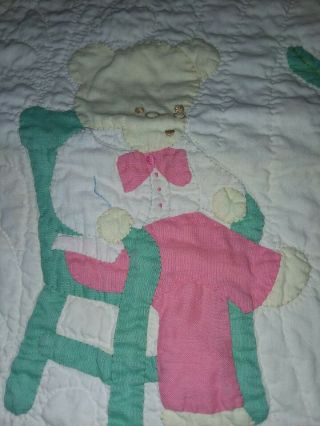 VINTAGE HAND QUILTED BABY CRIB QUILT 66X50 LARGE APPLIQUED GOLDILOCKS 3 BEARS 6