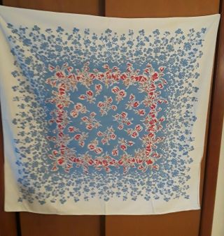 Vintage Tablecloth,  Heavy Cotton Floral Print 46 " X 48 ",  Blue/white/red