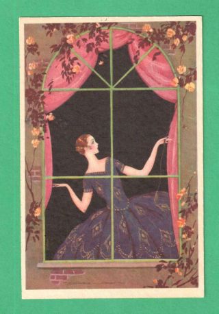 Vintage T.  Corbella Art Deco Postcard Fashionable Lady Window Yellow Roses