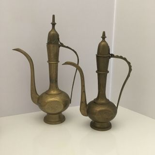 2 Vintage Genie Lamp 11” And 13” Tall India Brass Etched Tea Pots