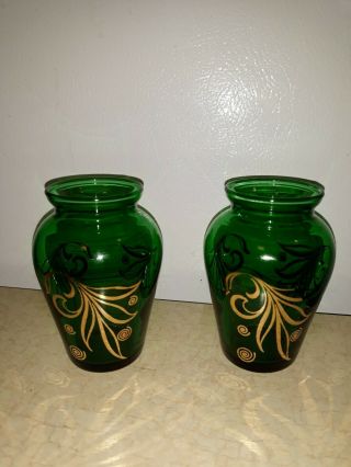 Vintage Set Of Small Green Vases W/gold Trim 4 " Tall