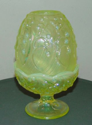 Fenton Canary Glass Fairy Lamp Opalescent Lily Of The Valley Vaseline Glows
