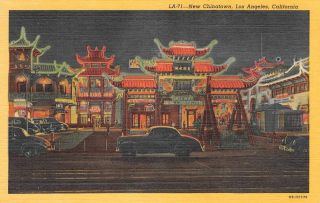 Chinatown Chinese Restaurants,  Los Angeles Ca Night View Ca 1940s Postcard