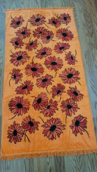 Vintage Springmaid Bright Orange Fringed Bath Towel Floral Daisy 70 