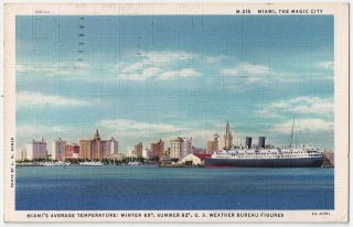 Miami Florida The Magic City Ocean Liner In Harbor Linen Postcard