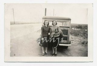 Girls Standing At The Back Of A Woody Station Wagon Car Old Automobile Photo