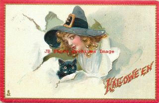 Halloween,  Tuck No 174 - 8,  Frances Brundage,  Witch & Black Cat