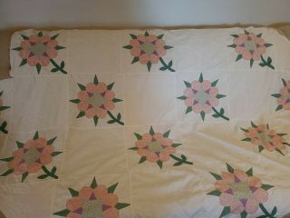 Vintage Quilt Top Flowers Floral Hand Stitched and Machine Stitched 2