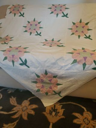 Vintage Quilt Top Flowers Floral Hand Stitched and Machine Stitched 7
