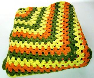 Handmade Crocheted Throw Blanket Afghan 52 " X 56 " Vintage Green Orange Yellow